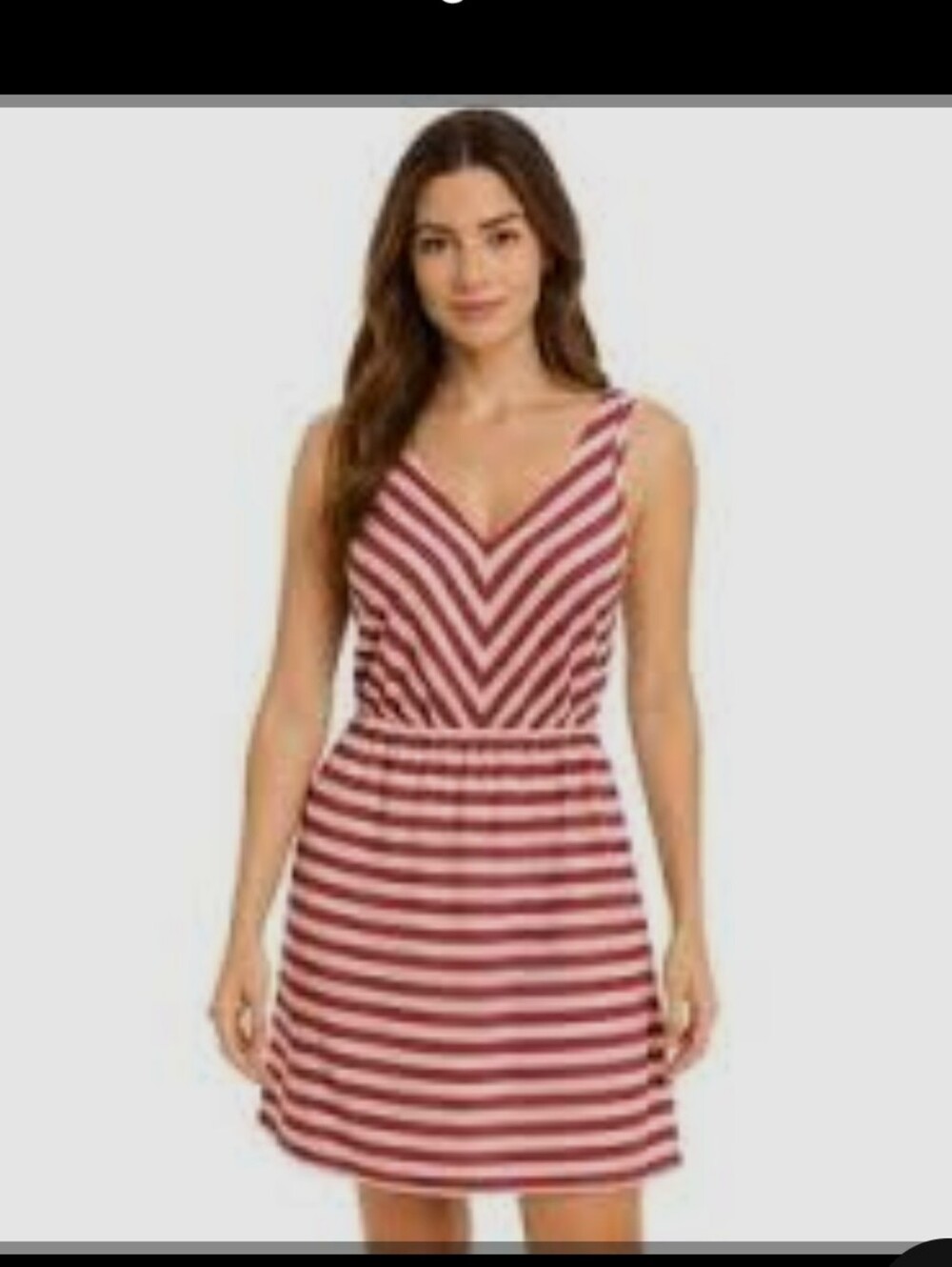 LOFT Cranberry and Cream Chevron Striped V-Neck Midi Dress